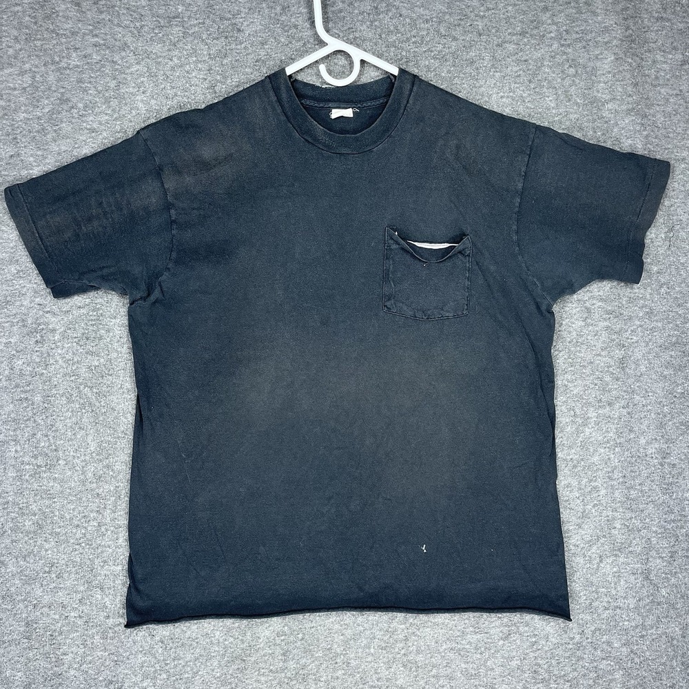 Vintage Blank T Shirt Mens (Fits XL) Black Selvedge Pocket Made USA Distressed